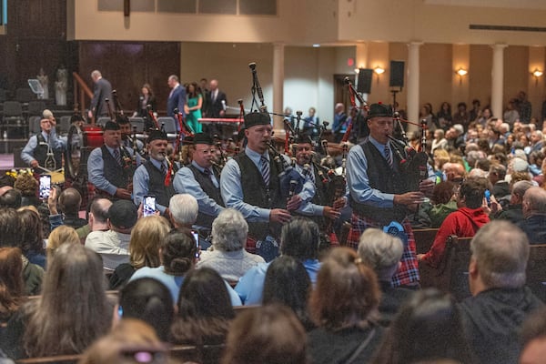 Oklahoma Fire Pipes and Drums start the 30th anniversary memorial service for the victims of the 1995 Oklahoma City bombing, in Oklahoma City, Saturday, April 19, 2025. (AP Photo/Alonzo Adams)