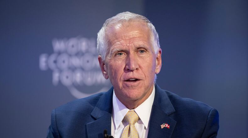 Senator Thom Tillis speaks during a panel session at the 56th annual meeting of the World Economic Forum, WEF, in Davos, Switzerland, Tuesday, Jan. 20, 2026. (Gian Ehrenzeller/Keystone via AP)
