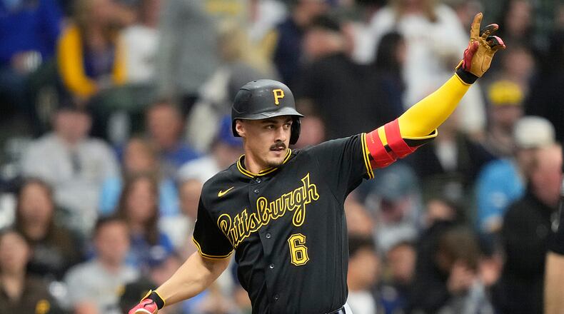 Pittsburgh Pirates' Konnor Griffin reacts after hitting his first major league home run during the third inning of a baseball game against the Milwaukee Brewers, Friday, April 24, 2026, in Milwaukee. (AP Photo/Kayla Wolf)