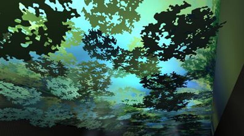 An artist’s rendering from 2008 shows how the canopy was going to look in an art project that will transform a 450-foot-long underground tunnel between Concourses A and B at Hartsfield-Jackson International Airport into a virtual forest. The $4.1 million “Flight Paths” art project will feature a simulated tree canopy and bird sounds, plus lighting to give the impression of a rain shower, pond and sunbeams. But the materials must now be redesigned to comply with current safety codes.