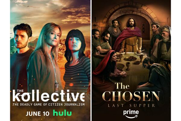 This combination of images shows promotional art for "The Kollective," left, and "The Chosen: Last Supper." (Hulu/Prime via AP)