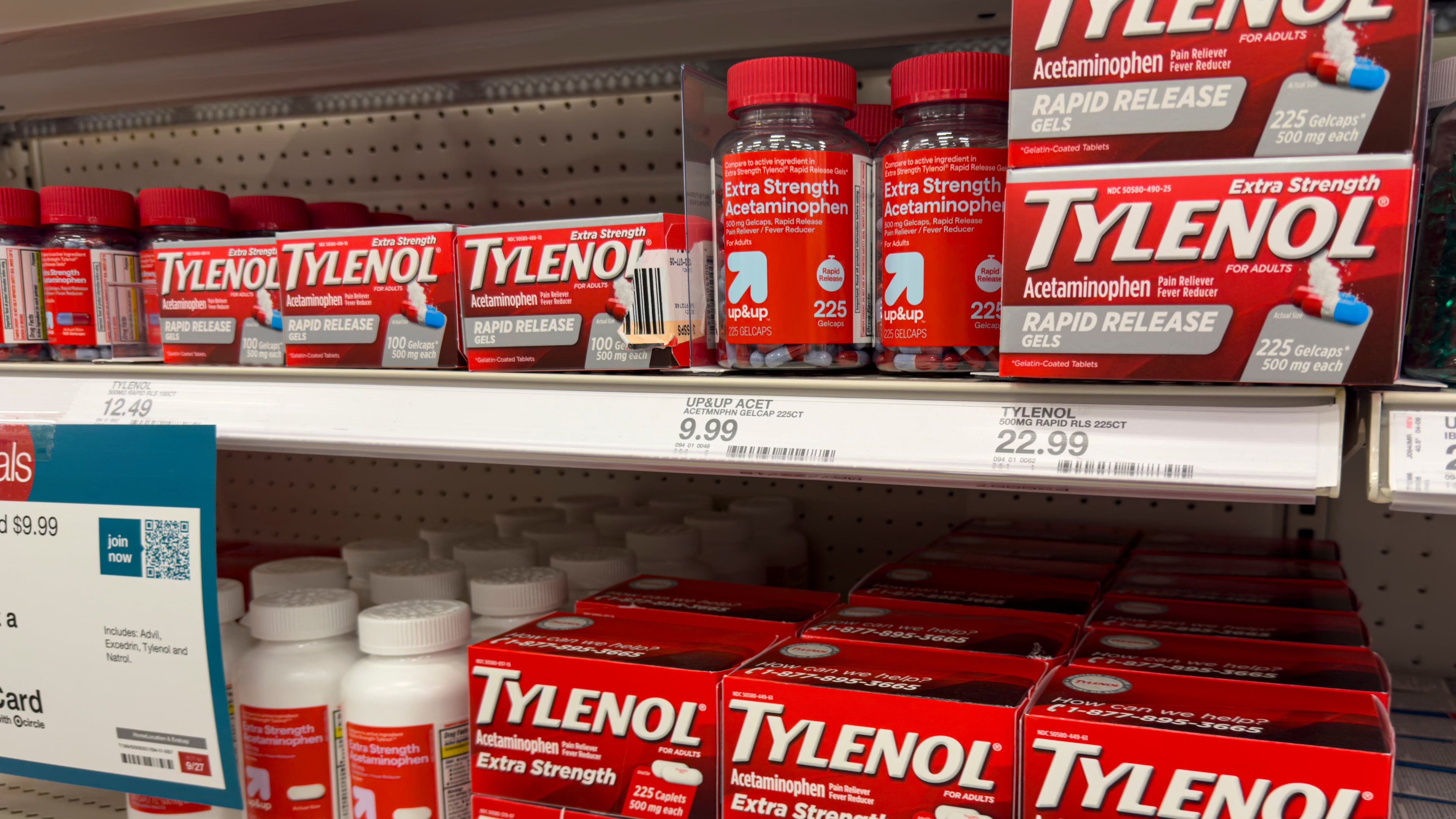 FILE - Tylenol pain relief products are shown on a store shelf in Carmel, Ind., Sept. 23, 2025. (AP Photo/Michael Conroy, file)