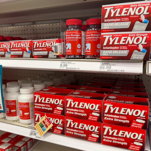 FILE - Tylenol pain relief products are shown on a store shelf in Carmel, Ind., Sept. 23, 2025. (AP Photo/Michael Conroy, file)