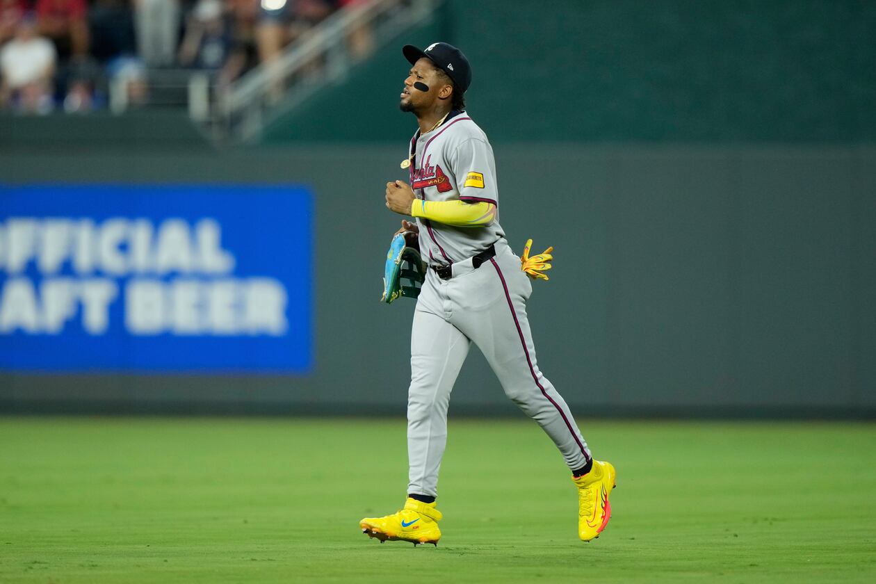 Atlanta Braves right fielder Ronald Acuña Jr. jogs to the dugout as he comes out of the game during the sixth inning of a baseball game against the Kansas City Royals, Tuesday, July 29, 2025, in Kansas City, Mo. (Charlie Riedel/AP)