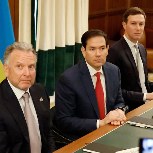 Special Envoy Steve Witkoff, left, Secretary of State Marco Rubio, center, and Jared Kushner attend a meeting with Ukrainian officials Sunday, Nov. 30, 2025, in Hallandale Beach, Fla. (AP Photo/Terry Renna)