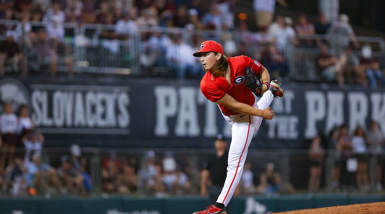 Georgia pitcher Christian Mracna (45) delivers a pitch during Georgia’s game against Texas A&M at Blue Bell Park in College Station, Texas, on Saturday, April 27, 2024. (Kari Hodges/UGA Athletics)
