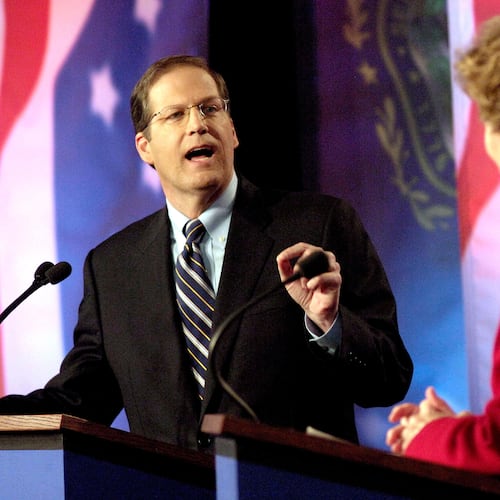FILE - U.S. Sen. John Sununu, R-N.H., left, spars with Democratic rival and former governor Jeanne Shaheen during a live televised debate in Manchester, N.H., Oct. 30, 2008. (AP Photo/POOL/David Lane, File)