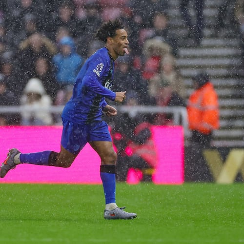 Bournemouth's Tyler Adams celebrates scoring their side's second goal of the game during the Premier League match at the Stadium of Light in Sunderland on Saturday Nov. 29, 2025. (Steve Welsh/PA via AP)