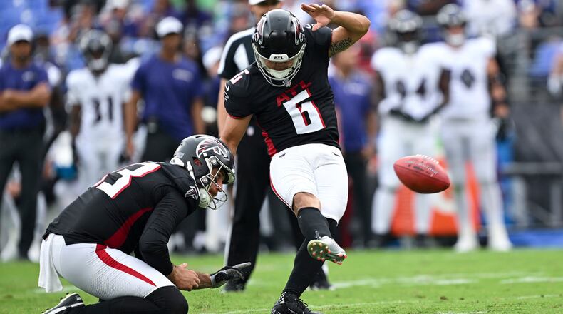 Atlanta Falcons place kicker Younghoe Koo (6) kicks a field goal during the second half of an preseason NFL football game against the Baltimore Ravens, Saturday, Aug. 17, 2024, in Baltimore. (AP Photo/Terrance Williams)