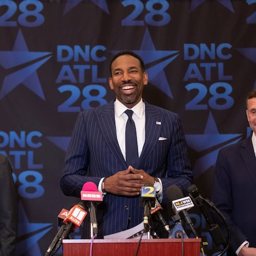 Atlanta Mayor Andre Dickens (center) and Democratic Party of Georgia Chair Charlie Bailey (left) make their case to Democratic National Committee Chair Ken Martin on Thursday, April 23, 2026, as to why the city should host the 2028 Democratic National Convention. (Riley Bunch/AJC)