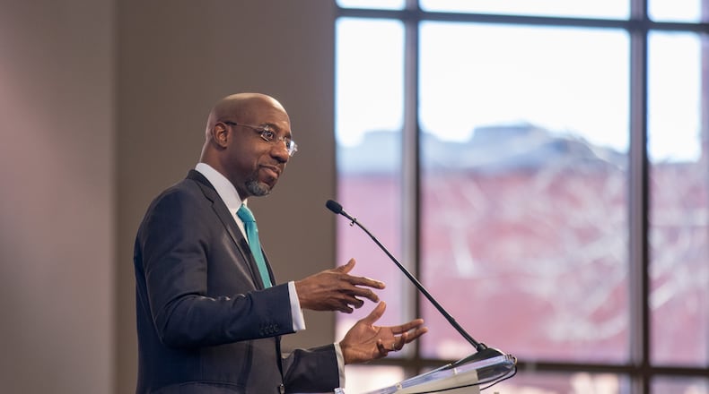 Democratic U.S. Senate candidate Raphael G. Warnock speaks in January during the Martin Luther King Jr. annual commemorative service at Ebenezer Baptist Church in Atlanta, where Warnock is the senior pastor. BRANDEN CAMP/SPECIAL