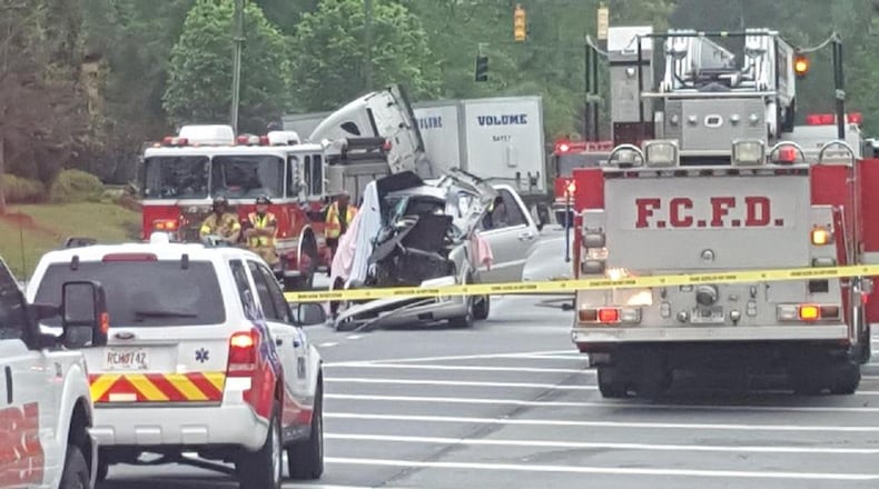Four teenage boys are dead after a crash Monday, April 24, 2017, between a tractor-trailer and a Lincoln Navigator, Fulton County police said. (Credit: Channel 2 Action News)