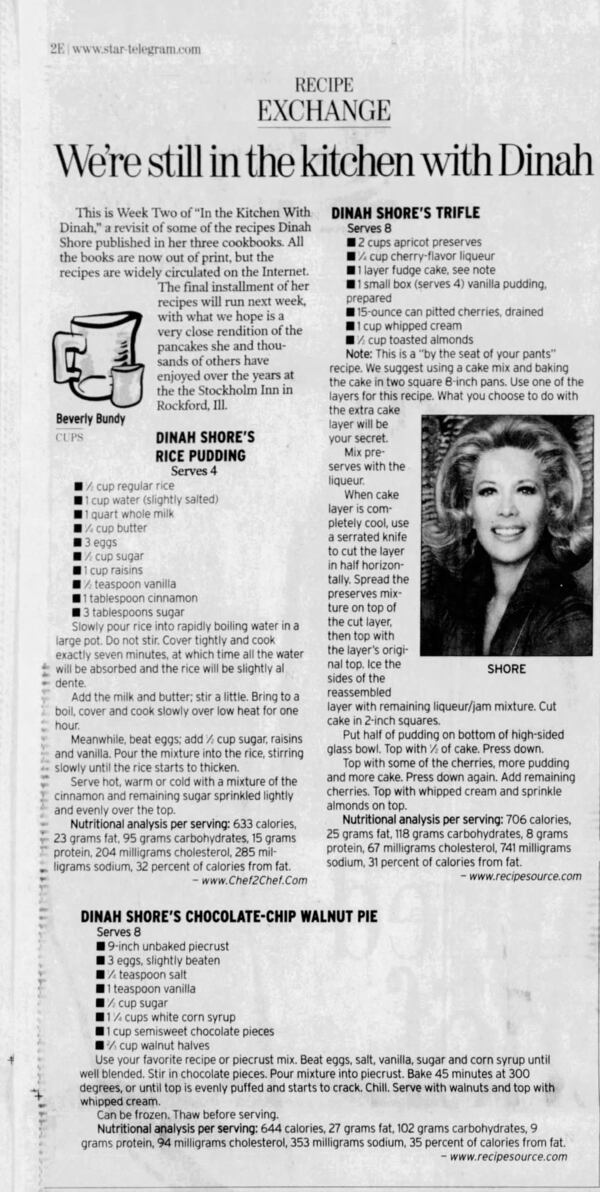 An excerpt from the Fort Worth Star-Telegram with three recipes from Dinah Shore, including a chocolate chip walnut pie, from Jan. 29, 2003. (Courtesy of KC Hysmith)