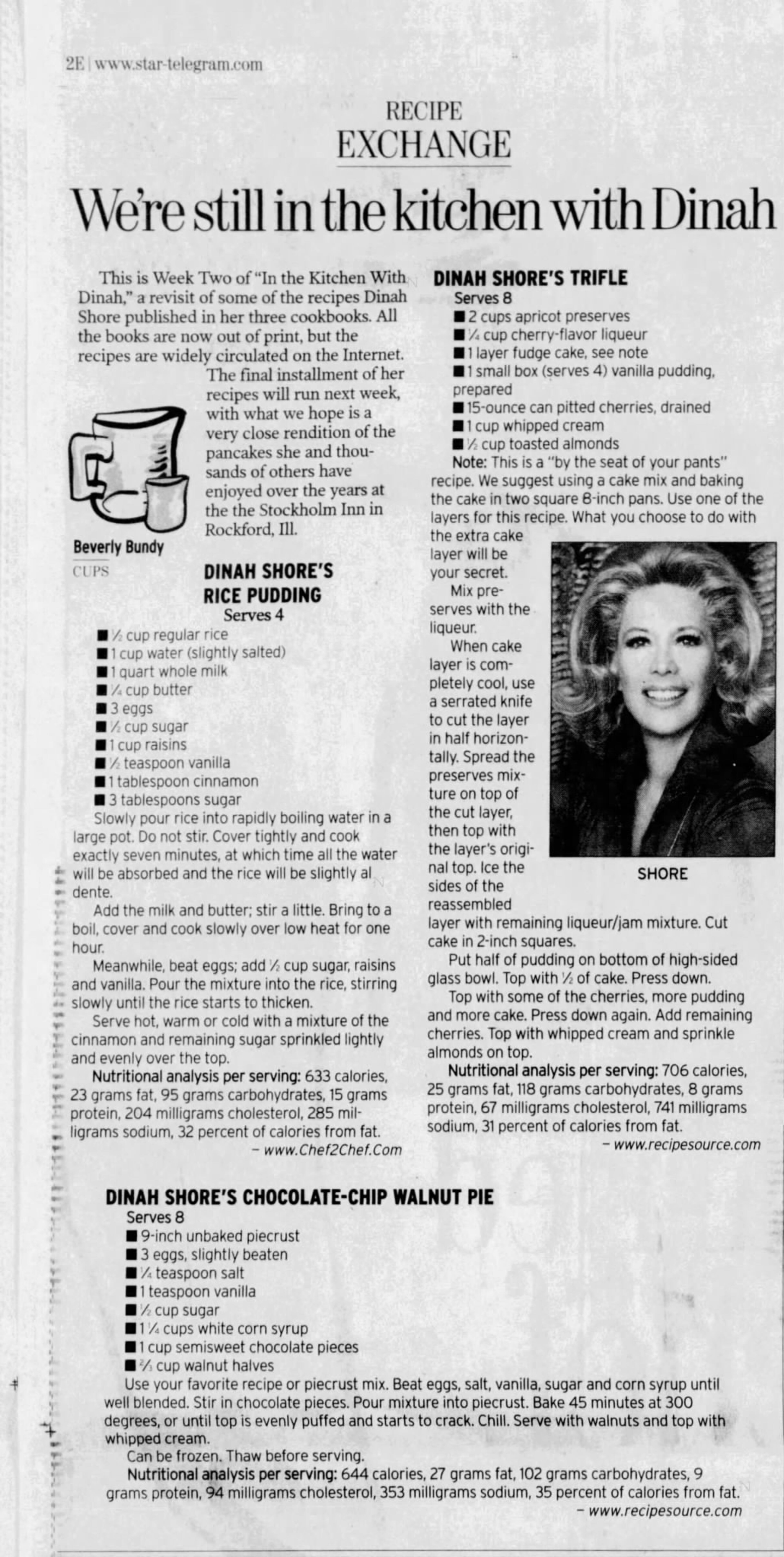An excerpt from the Fort Worth Star-Telegram with three recipes from Dinah Shore, including a chocolate chip walnut pie, from Jan. 29, 2003. (Courtesy of KC Hysmith)