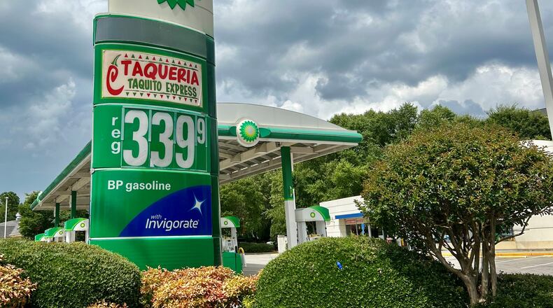 A gas station in Dunwoody on June 27, when gas prices in metro Atlanta were about $3.35 per gallon on average for regular unleaded, according to GasBuddy.com. (J. Scott Trubey/The Atlanta Journal-Constitution)