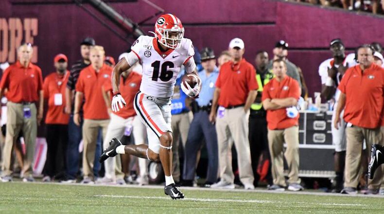 Georgia receiver Demetris Robertson (16) was able to get open and find some daylight for the Bulldogs on Saturday, Aug. 31, 2019, against Vanderbilt in Nashville. (Photo by Perry McIntyre)