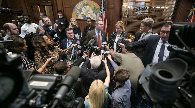 State Rep. Ed Setlzer, R-Acworth, and state Sen. Renee Unterman, R-Buford, answer press questions after Gov. Brian Kemp signed HB 481, the "heartbeat bill" on Tuesday. Bob Andres, bandres@ajc.com