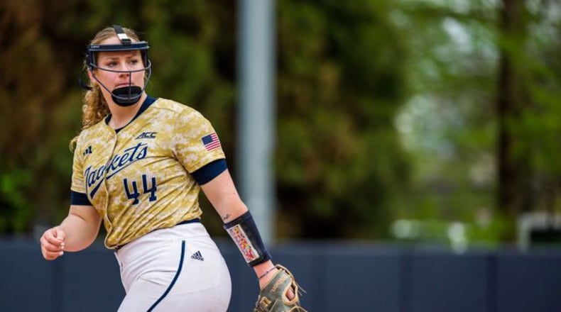 Georgia Tech Lady Jackets right-handed pitcher Chandler Dennis has competed while battling hearing loss since her junior year of high school. She now has a cochlear implant to help with her impaired hearing. Photo courtesy of Georgia Tech Athletic Association.