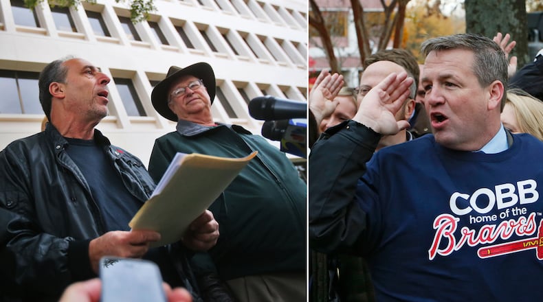 ONE ISSUE, TWO SIDES: Rev. Coakley Pendergrass (from left), Richard Pellegrino and Michael Opitz, members of a group called "Citizens for Governmental Transparency," read the letter they intend to deliver to the Cobb Board of Commissioners asking them to delay a vote on the new Braves stadium. On the pro-stadium side of things, John Loud (center) leads a group calling themselves "Cobb Home of the Braves" and demonstrated Monday, Nov. 25, in favor of moving forward without delay.
