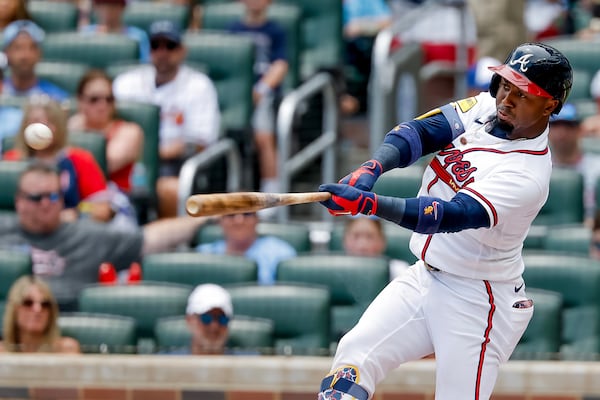 Braves All-Star Ozzie Albies doubles during a recent matchup with the Mets. (Erik S. Lesser/AP)