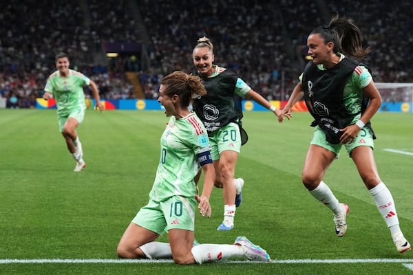 Italy's Cristiana Girelli celebrates after scoring the opening goal during the Women's Euro 2025 quarterfinals soccer match between Norway and Italy at Stade de Geneve in Geneva, Switzerland, Wednesday, July 16, 2025. (AP Photo/Alessandra Tarantino)
