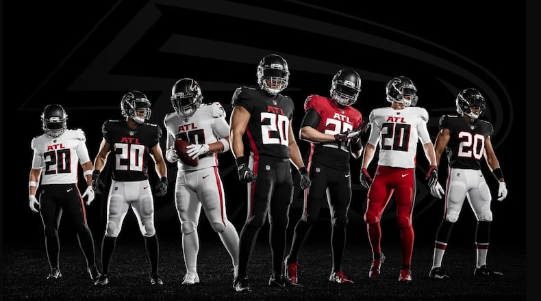 Atlanta Falcons uniforms, introduced before 2020 season, offer varying looks and include a throwback to 1966 team (far right).