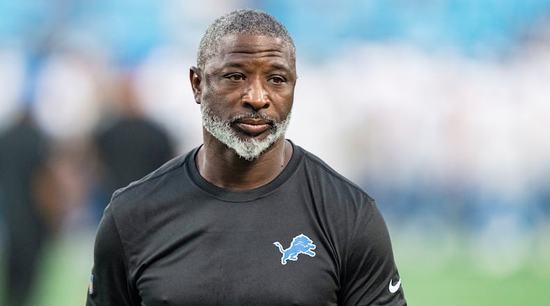 Detroit Lions defensive coordinator Aaron Glenn looks on before a preseason NFL football game against the Carolina Panthers Friday, Aug. 25, 2023, in Charlotte, N.C. (AP Photo/Jacob Kupferman)