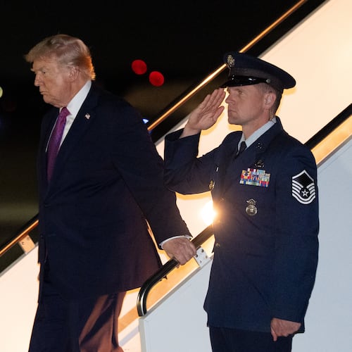President Donald Trump arrives on Air Force One, Friday, April 17, 2026, at Joint Base Andrews, Md. (AP Photo/Alex Brandon)