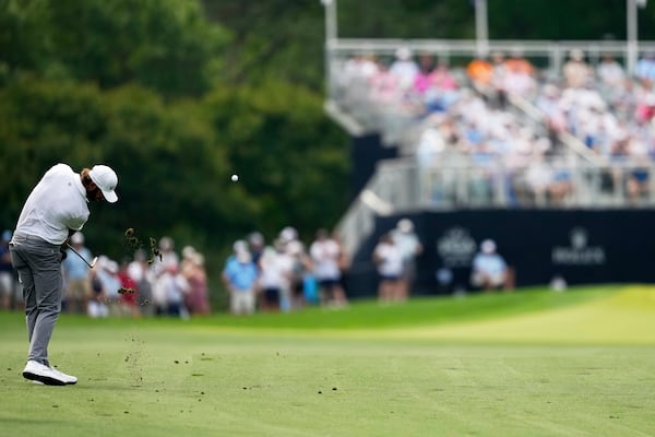 Max Homa hits from the fairway on the fifth hole during the second round of the PGA Championship golf tournament at the Quail Hollow Club, Friday, May 16, 2025, in Charlotte, N.C. (AP Photo/Matt York)
