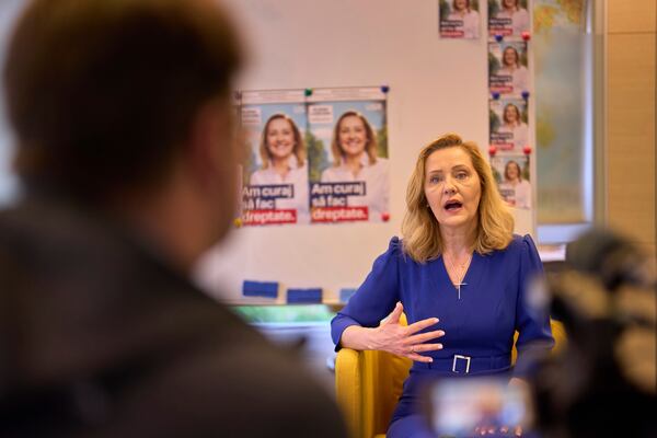 Elena Lasconi, presidential candidate for the Save Romania Union party, or USR, before it withdrew its support for her last week in favor of incumbent Bucharest mayor Nicusor Dan, speaks during an interview with the Associated Press in Bucharest, Romania, Tuesday, April 15, 2025. (AP Photo/Vadim Ghirda)