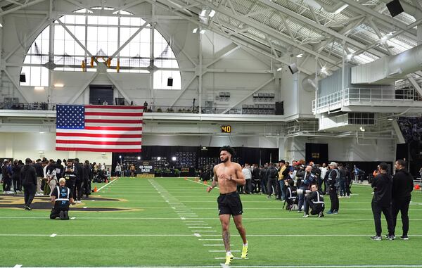 Colorado wide receiver Will Sheppard completes the 40-yard dash during Colorado's NFL football pro day Friday, April 4, 2025, in Boulder, Colo. (AP Photo/David Zalubowski)