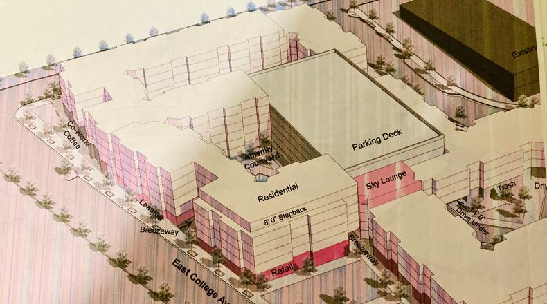 An artist's rendition of a proposed new development on Decatur's East College Avenue with Sams Street to the left and New Street to the right. The project features 410 apartments and about 18,000 square feet of retail. Courtesy Dwell Design, Inc.