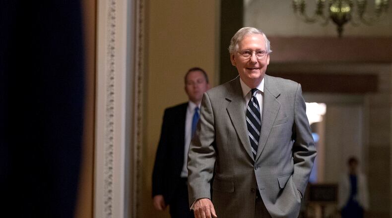 After Senate Majority Leader Mitch McConnell and other members of GOP leadership met Wednesday with President Donald Trump to discuss options for repealing and replacing Obamacare, McConnell said: “I appreciate the efforts of the administration at every step of the process to move beyond the failures of Obamacare. Obamacare was imposed on our country seven years ago. It has been hurting the people we represent ever since.” (AP Photo/Andrew Harnik)