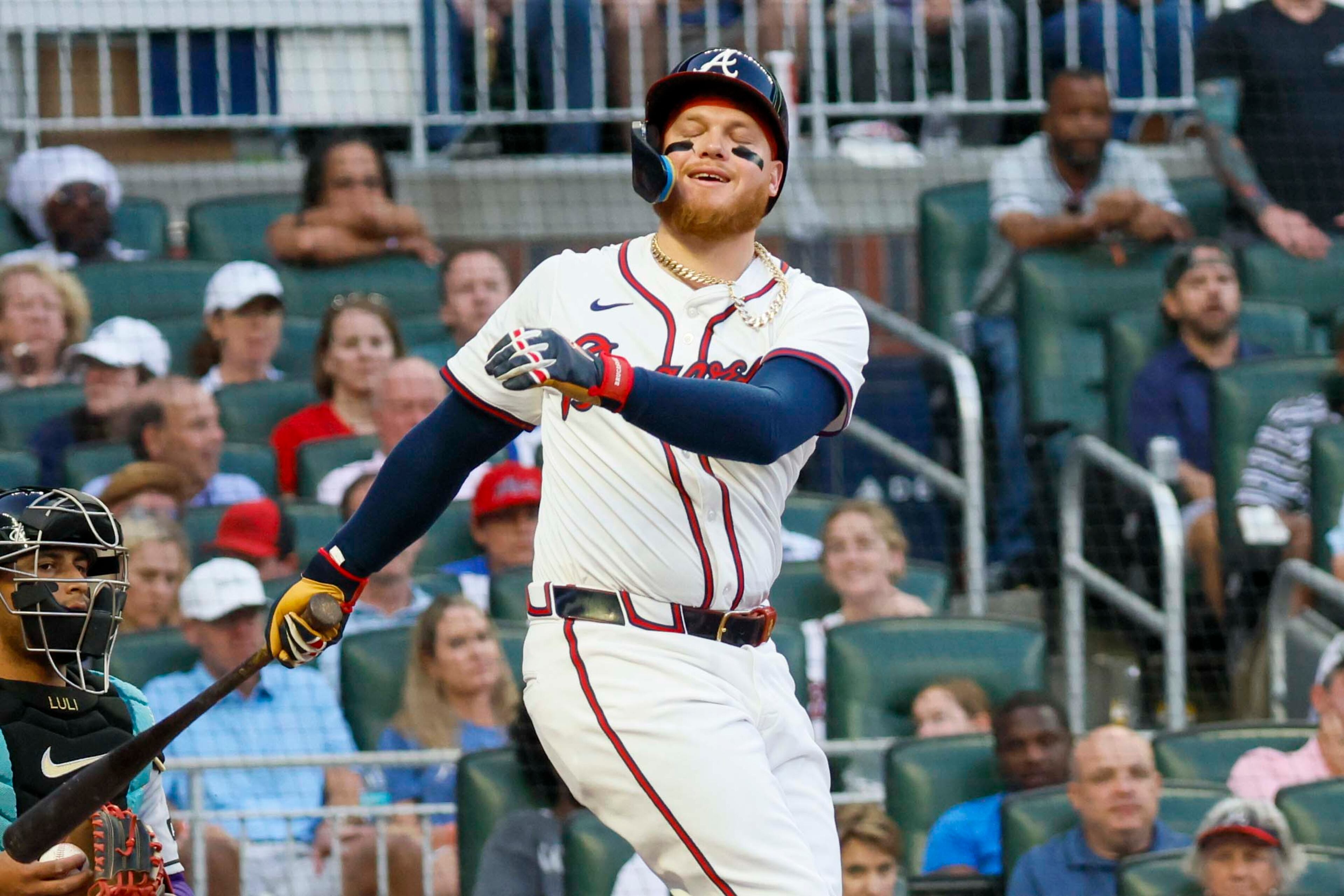 Atlanta Braves outfielder Alex Verdugo (8) reacts as he swings for a strike during the seventh inning against the Arizona Diamondbacks at Truist Park on Tuesday, June 3, 2025, in Atlanta.
(Miguel Martinez/ AJC)