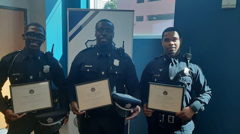 Officers Mikael Ware, Tyquan Ross and Roosevelt Prime Jr. were commended as Officers of the Week by the Atlanta Police Department.