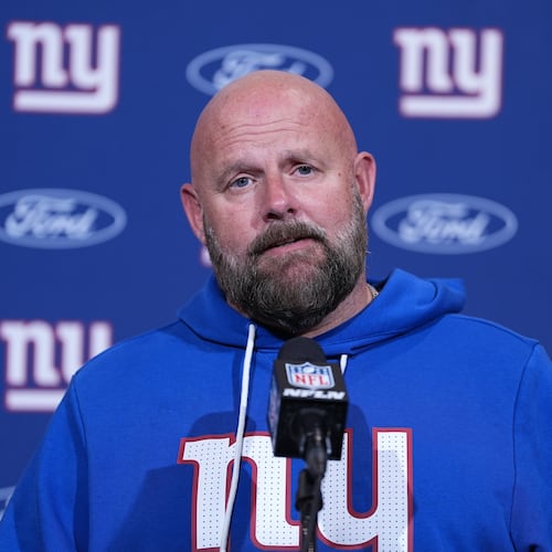 New York Giants head coach Brian Daboll reacts after an NFL football game against the Philadelphia Eagles on Sunday, Oct. 26, 2025, in Philadelphia. (AP Photo/Matt Rourke)