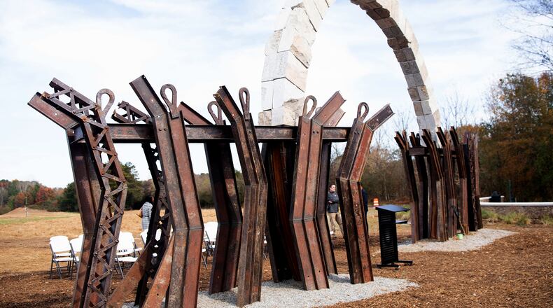 Artist Ilan Averbuch created “The Bridge” sculpture, which is made of steel from the original, historic Rogers Bridge structure in Johns Creek, one of many public art projects the Arts, Cultural and Entertainment Committee reviews each year. (Courtesy City of Johns Creek)