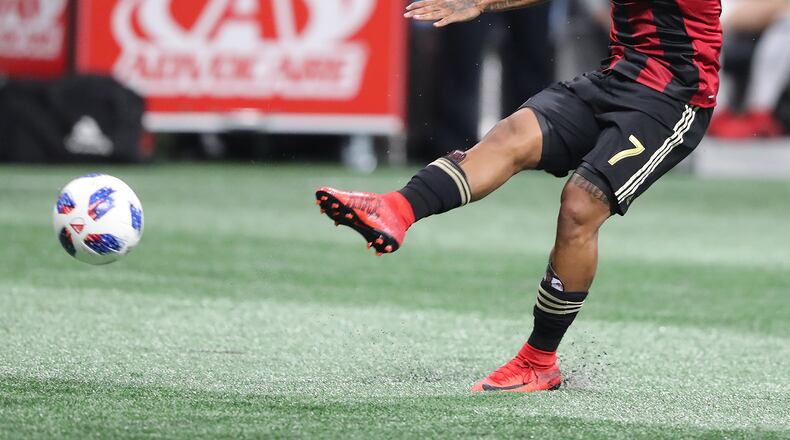 March 11, 2018 Atlanta: Atlanta United forward Josef Martinez takes a shot at the goal against D.C. United in a MLS soccer match on Sunday, March 11, 2018, in Atlanta. Curtis Compton/ccompton@ajc.com