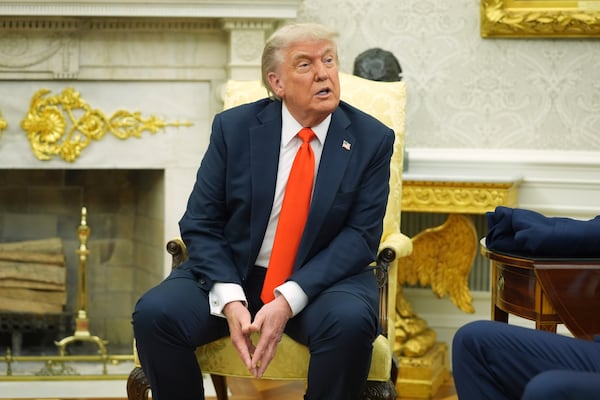 President Donald Trump speaks during a meeting with Germany's Chancellor Friedrich Merz in the Oval Office of the White House, Thursday, June 5, 2025, in Washington. (AP Photo/Evan Vucci)