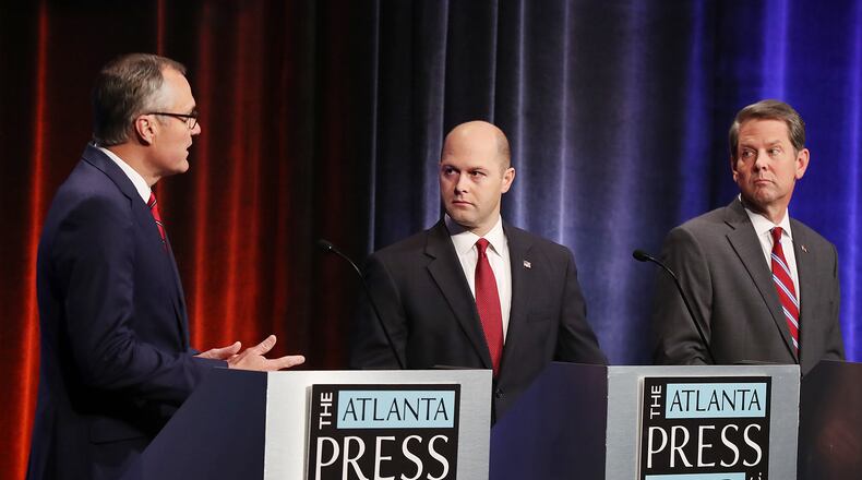 Republican candidates for governor Casey Cagle (from left), Hunter Hill, and Brian Kemp participate in the Atlanta Press Club Republican primary debate for governor at the GPB studios on Thursday, May 17, 2018, in Atlanta. Cagle and Kemp will meet in a runoff July 24 after the May 22 primary election. Curtis Compton/ccompton@ajc.com
