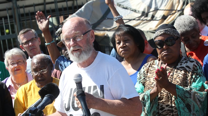 April 26, 2017, Atlanta, Georgia - William King, a resident of Pittsburgh, speaks at a press conference held by neighborhood residents at Tent City in Atlanta, Georgia, on April 26, 2017. Protesters at Tent City Atlanta have camped out in front of Turner Field for nearly 20 days demanding a legally binding agreement that will state they will not be forced from their homes because of development. (HENRY TAYLOR / HENRY.TAYLOR@AJC.COM)