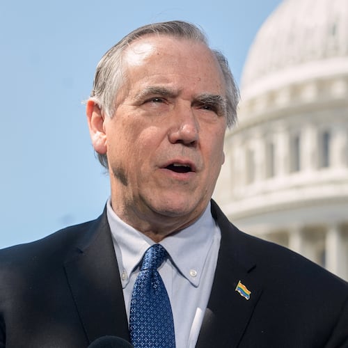 FILE - Sen. Jeff Merkley, D-Ore., speaks during a news conference on the Equality Act at the Capitol, April 29, 2025, in Washington. (AP Photo/Rod Lamkey, Jr., File)