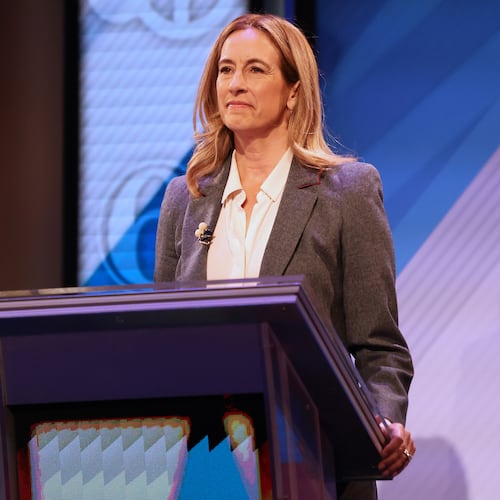 Democrat Mikie Sherrill participates in the final debate in the New Jersey governor's race with Republican Jack Ciattarelli, Wednesday, Oct. 8, 2025, in New Brunswick, N.J. (AP Photo/Heather Khalifa)