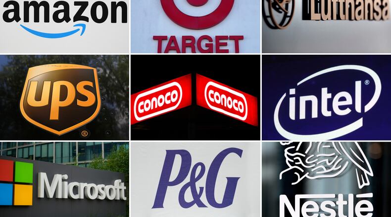This undated combination of photos shows clockwise from top left the company logos for Amazon, Target, Lufthansa Group, UPS, ConocoPhillips, Intel, Microsoft, Procter & Gamble and Nestle. (AP Photo, file)