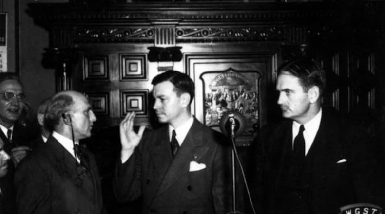 Herman Talmadge, son of Eugene Talmadge, served as governor of Georgia Herman Talmadge, son of Georgia governor Eugene Talmadge, took the governor's office briefly in 1947, and again after a special election in 1948. Herman Talmadge for a brief time in early 1947 and again from 1948 to 1954. In 1956 Talmadge was elected to the U.S. Senate, where he served until his defeat in 1980. Photo and capsule: New Georgia Encyclopedia.