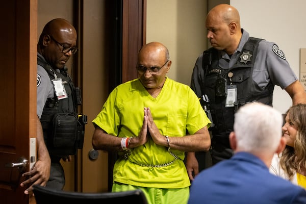 Mahendra Patel appears for his bond hearing in a Cobb County courtroom on Tuesday, May 6, 2025, in Marietta. Patel, who was accused of trying to kidnap a child at a Walmart in March, was in Cobb's jail for more than 40 days without bond. (Arvin Temkar/AJC)