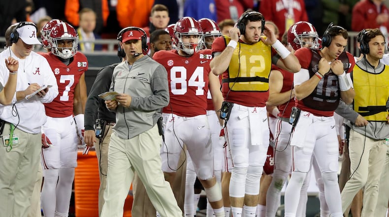 TAMPA, FL - JANUARY 09: Offensive coordinator Steve Sarkisian of the Alabama Crimson Tide stands on the sideline during the second half of the 2017 College Football Playoff National Championship Game against the Clemson Tigers at Raymond James Stadium on January 9, 2017 in Tampa, Florida. (Photo by Jamie Squire/Getty Images)