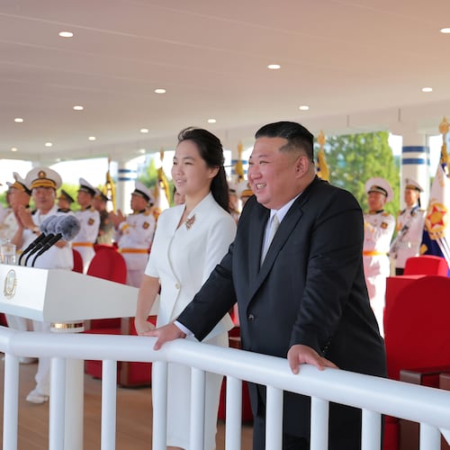 In this photo provided by the North Korean government, its leader Kim Jong Un and his daugther attend a commissioning ceremony of a destroyer, Kang Kon at a port in Wonsan, North Korea Sunday, Sept. 6, 2026. Independent journalists were not given access to cover the event depicted in this image distributed by the North Korean government. The content of this image is as provided and cannot be independently verified. Korean language watermark on image as provided by source reads: "KCNA" which is the abbreviation for Korean Central News Agency. (Korean Central News Agency/Korea News Service via AP)