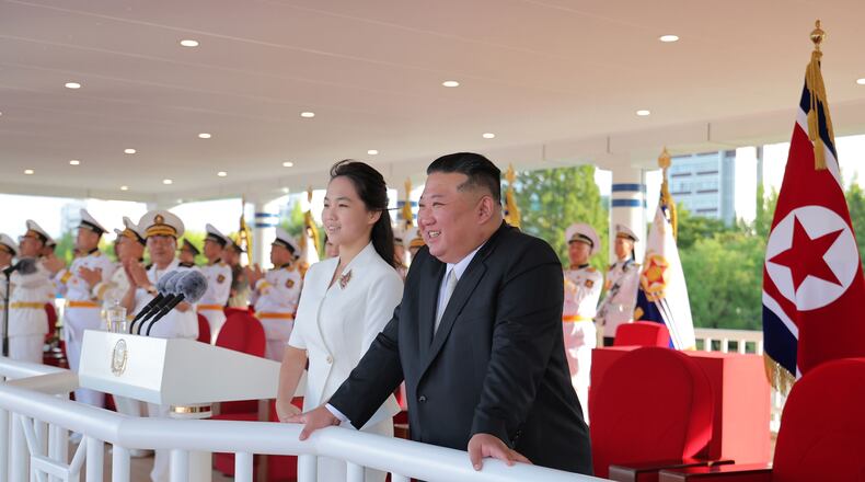In this photo provided by the North Korean government, its leader Kim Jong Un and his daugther attend a commissioning ceremony of a destroyer, Kang Kon at a port in Wonsan, North Korea Sunday, Sept. 6, 2026. Independent journalists were not given access to cover the event depicted in this image distributed by the North Korean government. The content of this image is as provided and cannot be independently verified. Korean language watermark on image as provided by source reads: "KCNA" which is the abbreviation for Korean Central News Agency. (Korean Central News Agency/Korea News Service via AP)