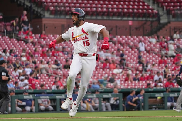 St. Louis Cardinals' Jose Fermin celebrates after hitting a two-run home run during the sixth inning of a baseball game against the Atlanta Braves Sunday, July 13, 2025, in St. Louis. (AP Photo/Jeff Roberson)
